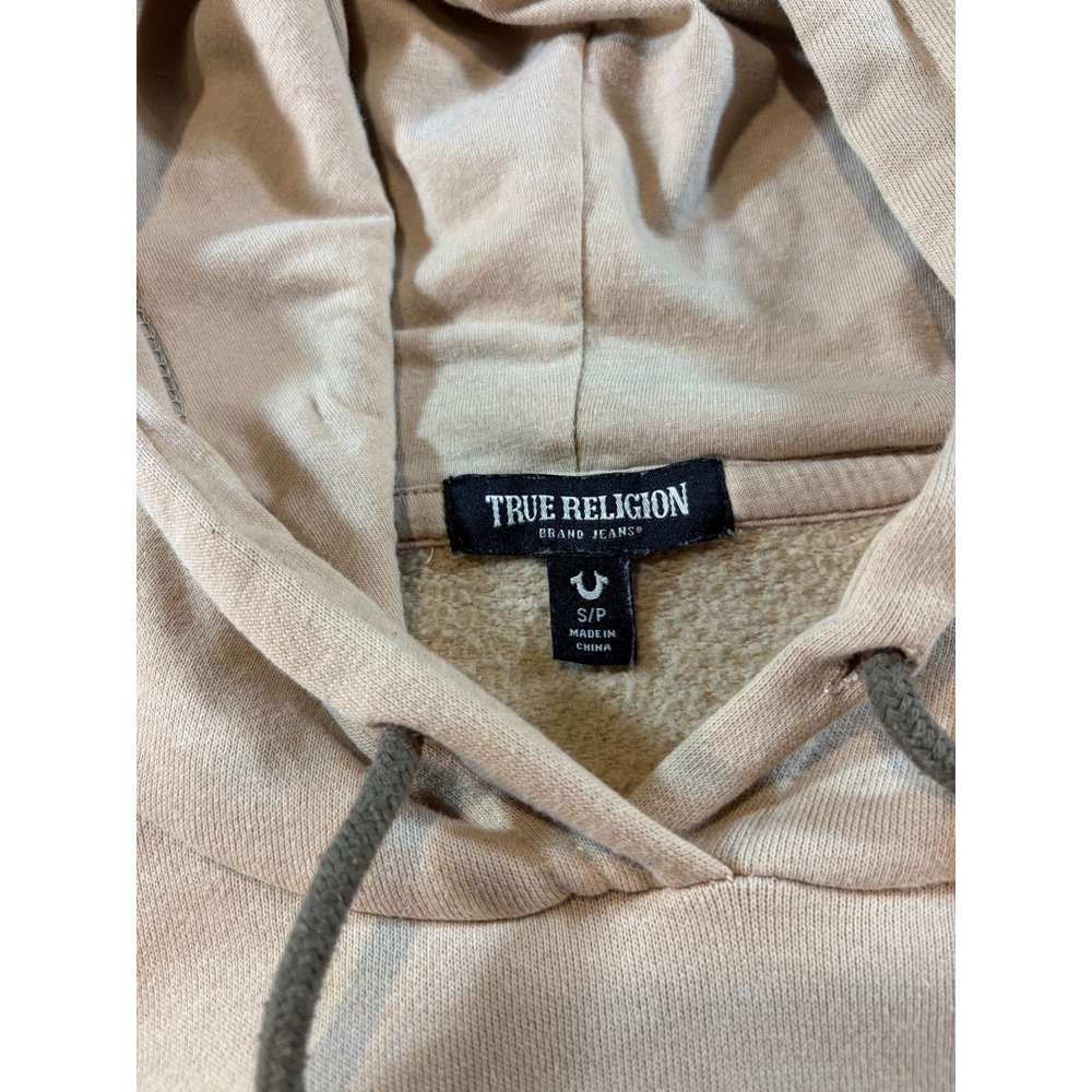 True Religion Mens Tan Olive Green Graphic Logo Pullover Hoodie Small Distressed - Picture 5 of 7